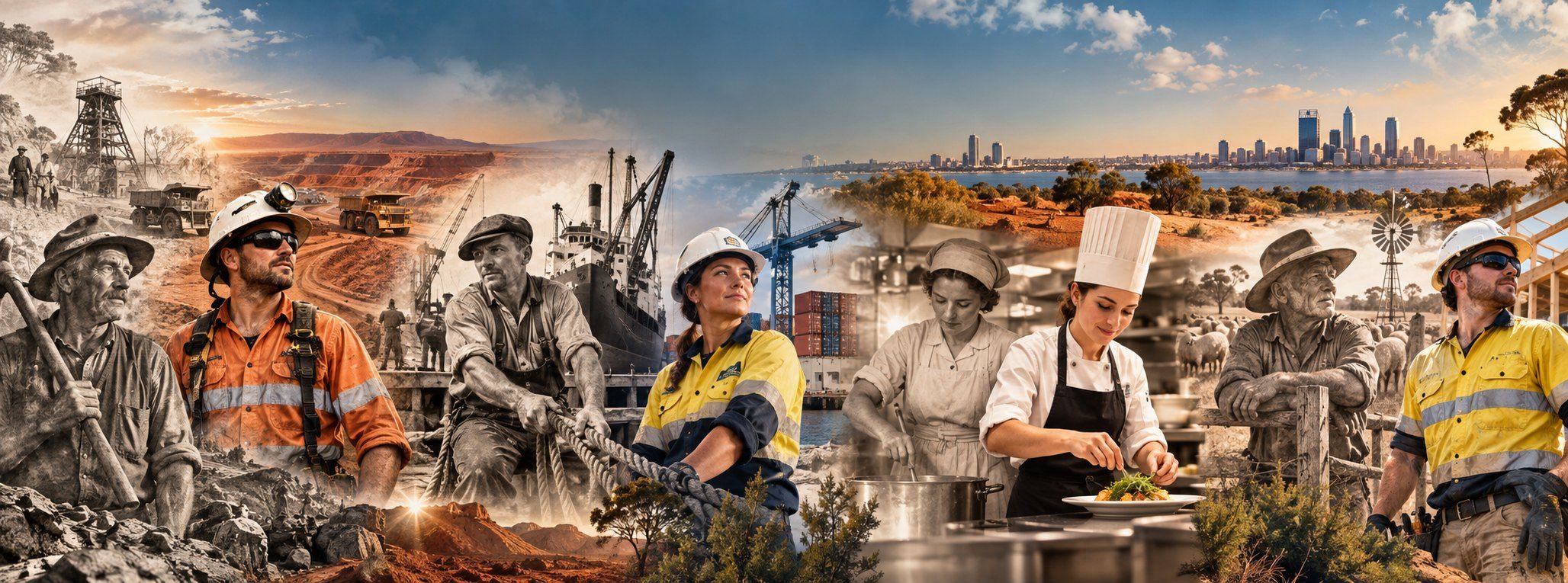Western Australian workers past and present — miners, wharf hands, chefs, pastoralists and tradespeople — against red earth, port cranes and the Perth skyline